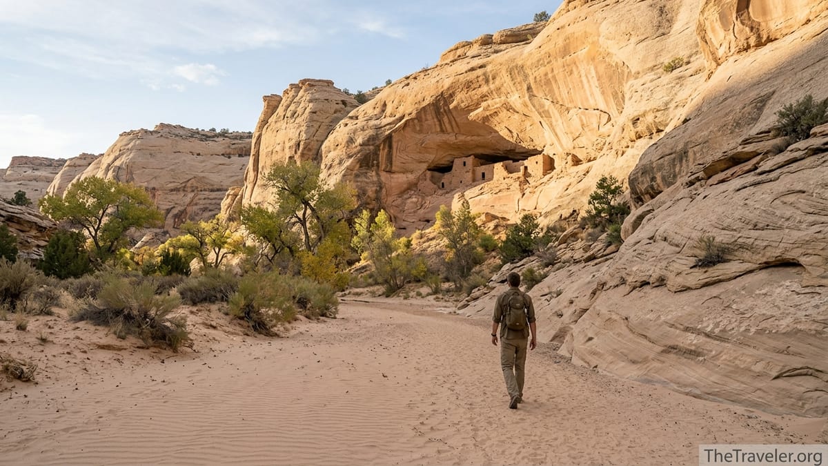 Hiker walking in a sandstone canyon toward a distant Ancestral Puebloan cliff dwelling at Junction Ruin in Grand Gulch, Utah.