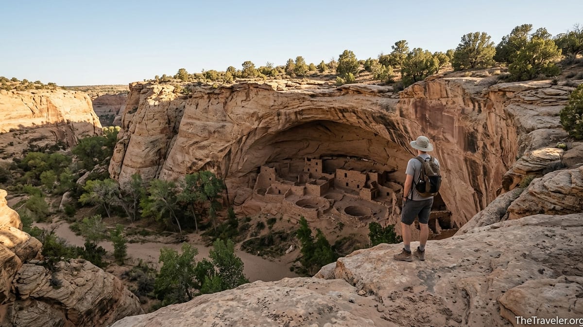 Hiker on a sandstone ledge looking across Grand Gulch at Junction Ruin in late afternoon light.