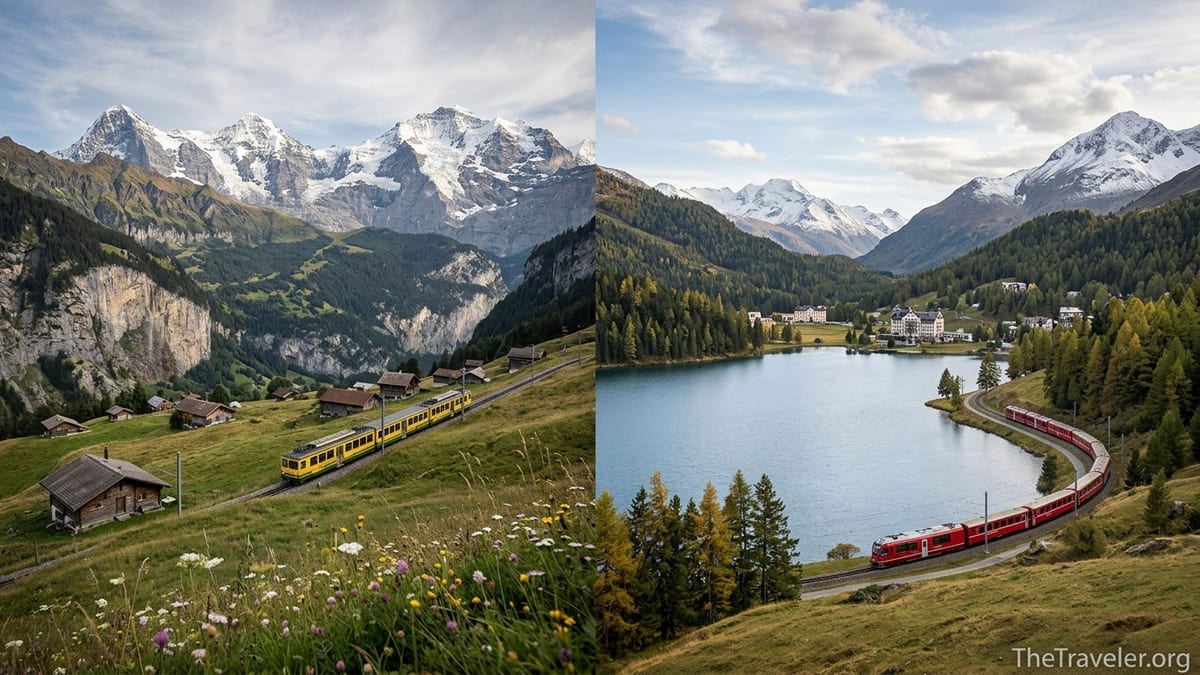 Panoramic view contrasting the steep Jungfrau peaks with the broad Engadin valley and St. Moritz lakefront.