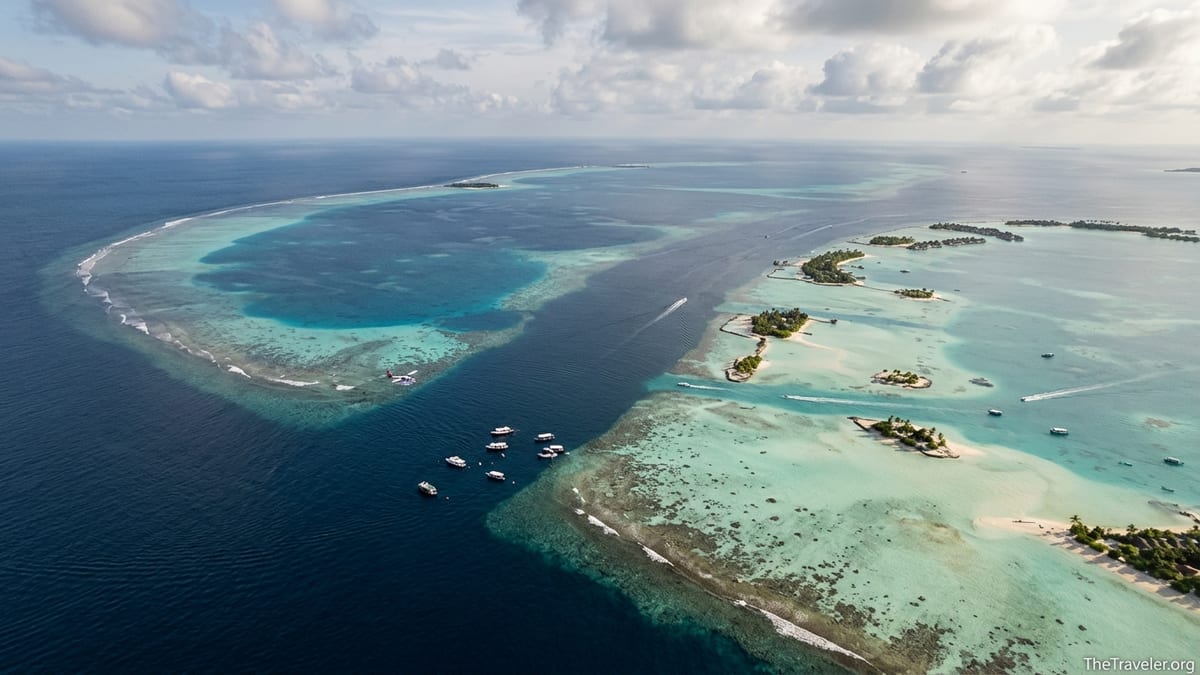 Aerial view of Kaafu and Ari atolls showing shallow turquoise lagoons, deep blue channels and boats crossing the central Malé