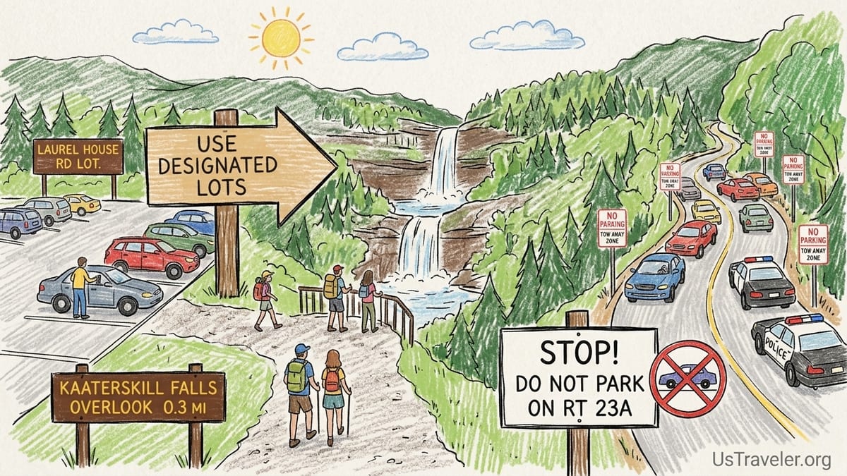 Early morning view of Kaaterskill Falls from the official overlook trail, with hikers and the gravel path in the foreground.