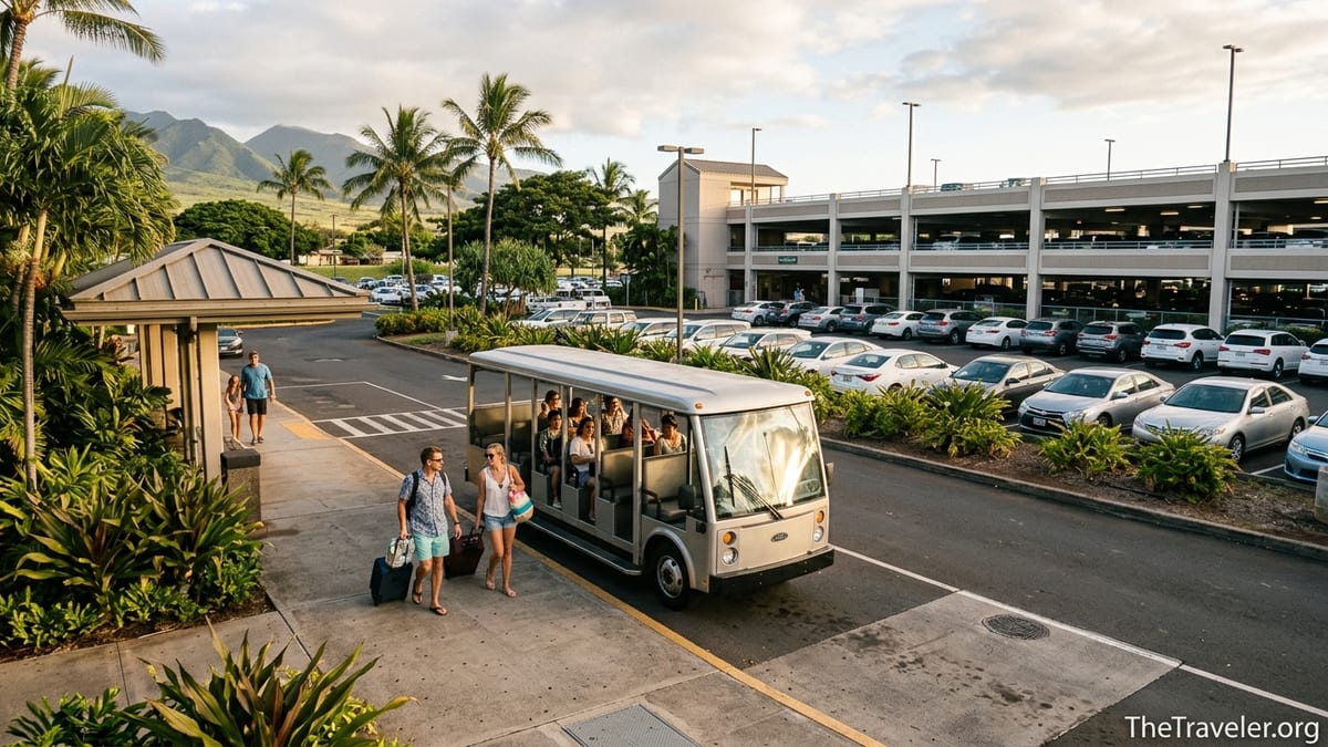 Travelers arriving by tram at the Kahului Airport rental car center on Maui at sunset.