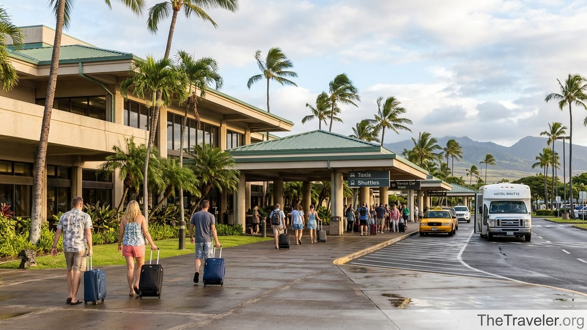Travelers exiting Kahului Airport on Maui toward taxis and shuttles in soft morning light.