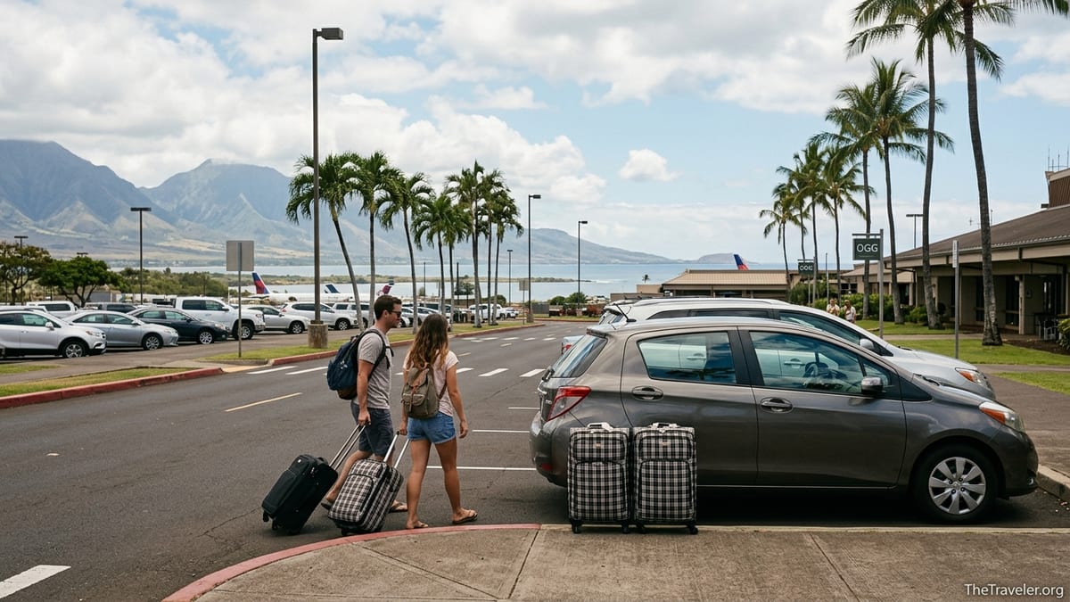 Travelers with luggage beside a rental car near Kahului Airport with Maui mountains in the background.