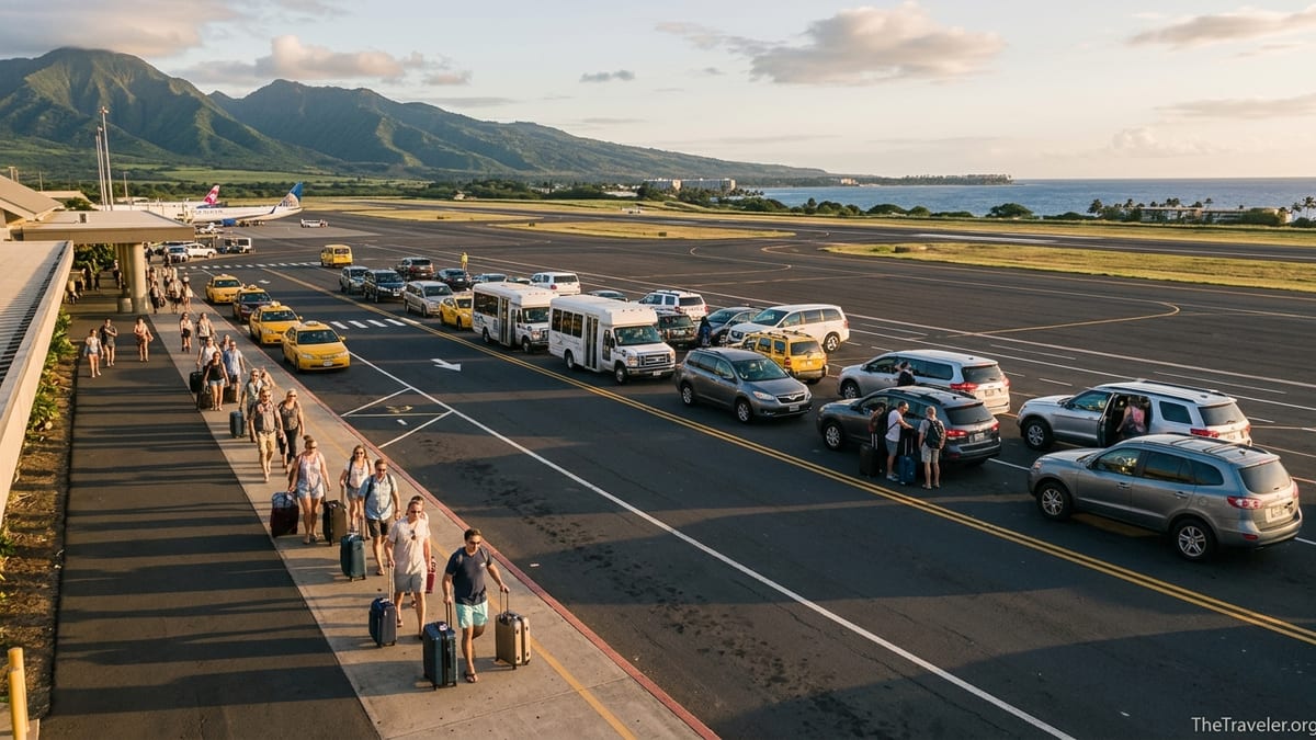 Travelers outside Kahului Airport choosing taxis and shuttles with Maui’s coast in the distance.
