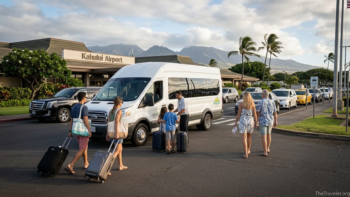 Travelers boarding a shuttle van outside Kahului Airport on Maui at sunset