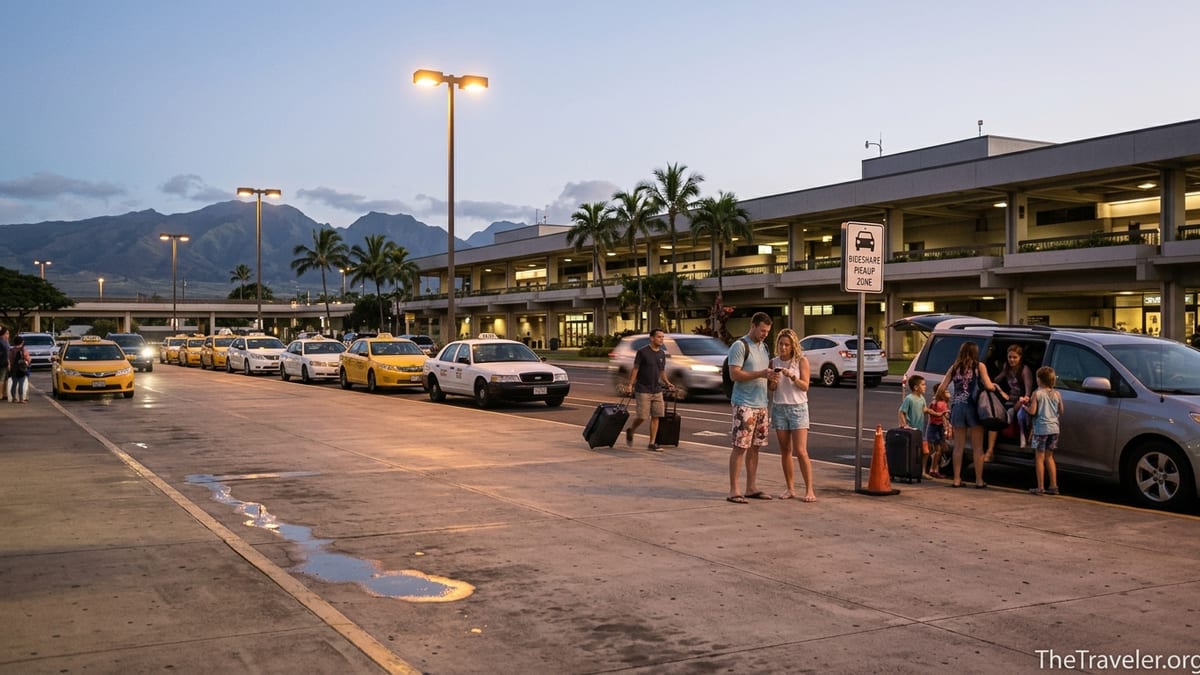 Arriving passengers choosing between taxis and rideshare outside Kahului Airport at dusk.