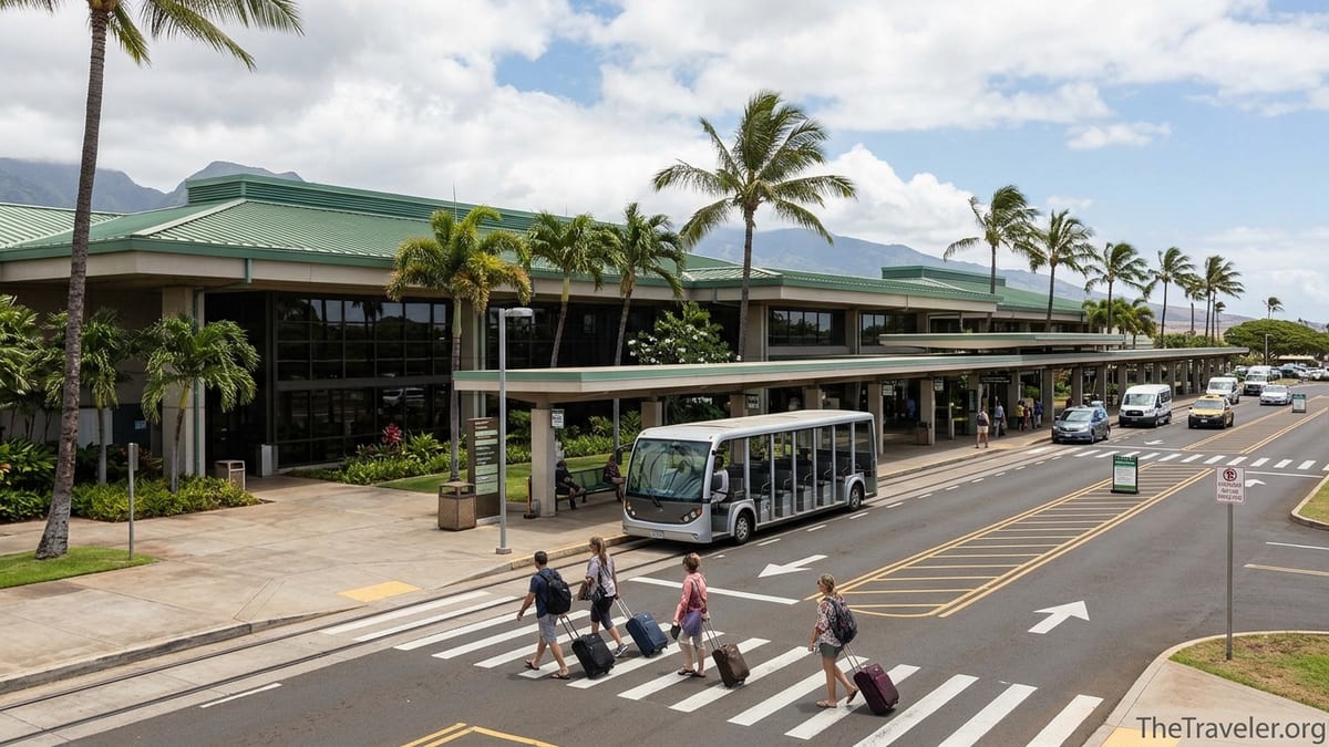 Travelers walking from Kahului Airport terminal toward the rental car tram on a sunny day in Maui.