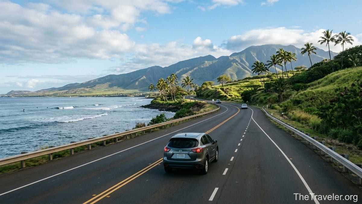 Car driving coastal highway from Kahului Airport toward Kaanapali with ocean and West Maui Mountains.