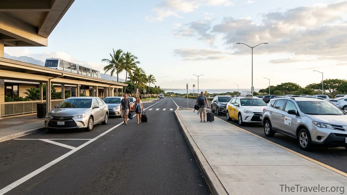 Travelers outside Kahului Airport boarding cars bound for Kihei along Maui Veterans Highway.