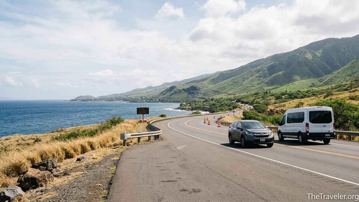 Coastal highway between Kahului and Lahaina with cars, ocean and West Maui mountains under a bright sky.