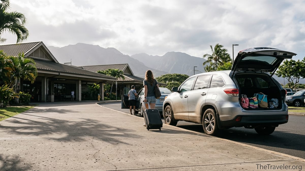 Traveler with suitcase walking to a rental car outside Kahului Airport on Maui.
