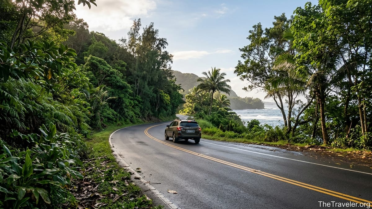 Early morning car starting the Road to Hana near Paia on Maui’s lush coastal highway.