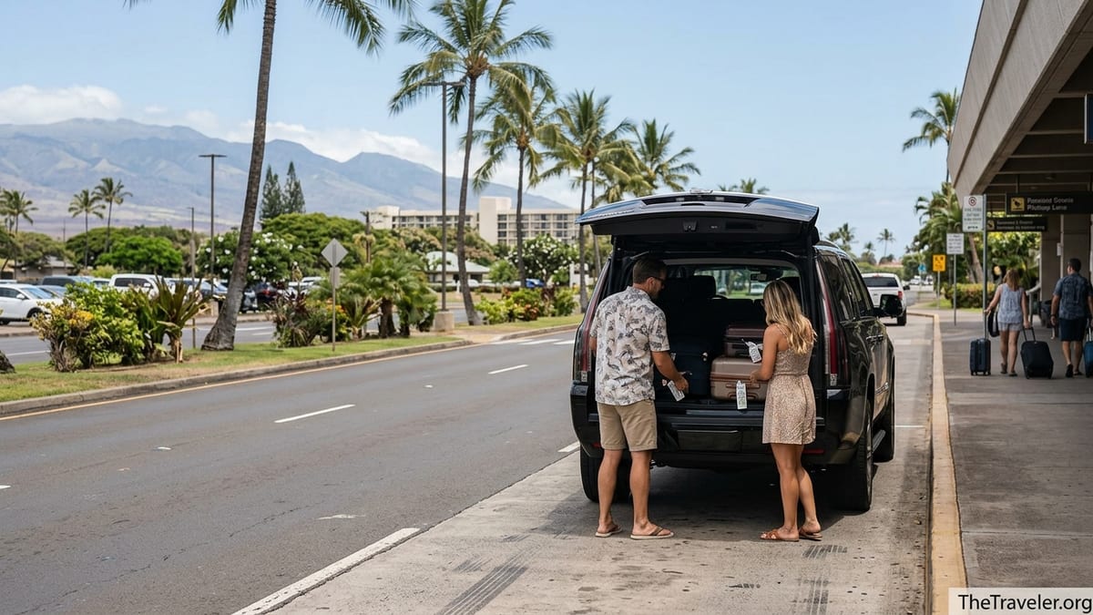 Couple loading luggage into a black SUV outside Kahului Airport on Maui.