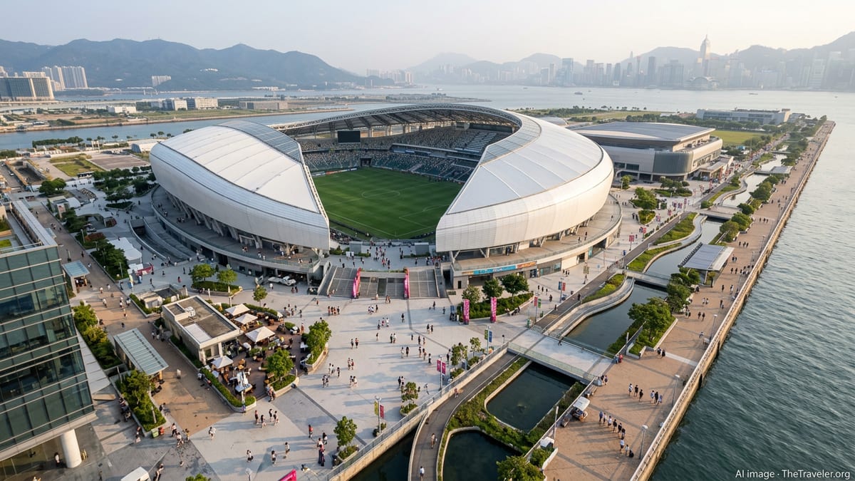 Aerial view of Hong Kong’s Kai Tak Sports Park stadium complex on the former airport runway beside Victoria Harbour.