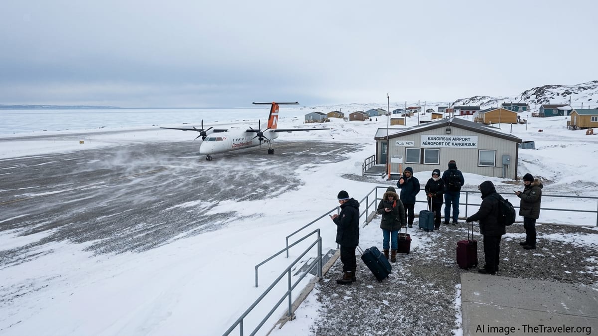 Stranded travelers stand by a snowy Kangirsuk airstrip near an idle regional aircraft.