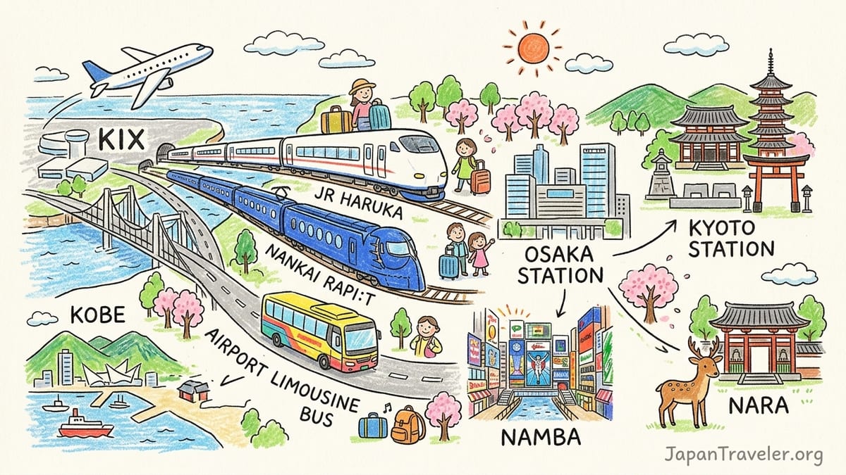 Travelers with luggage choosing trains and buses at Kansai Airport in the evening