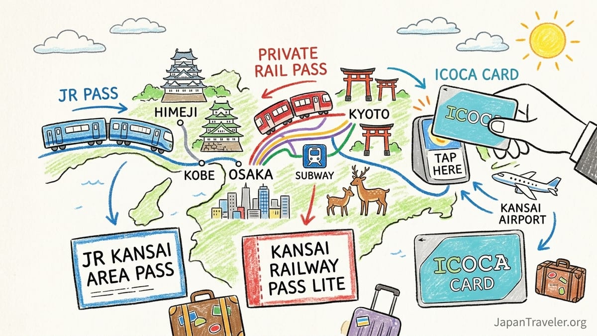 Busy JR station in Osaka with Haruka train, local trains and travelers using ICOCA cards on the platforms.