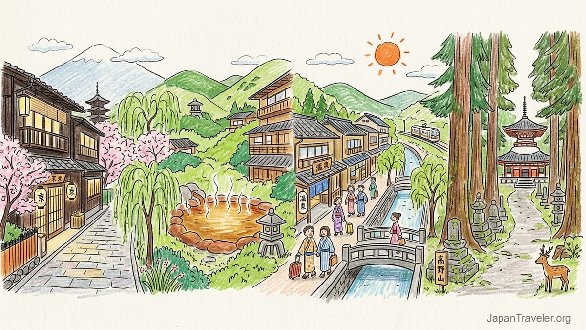 Evening view of yukata-clad travelers walking past riverside ryokans in Kinosaki Onsen, Japan