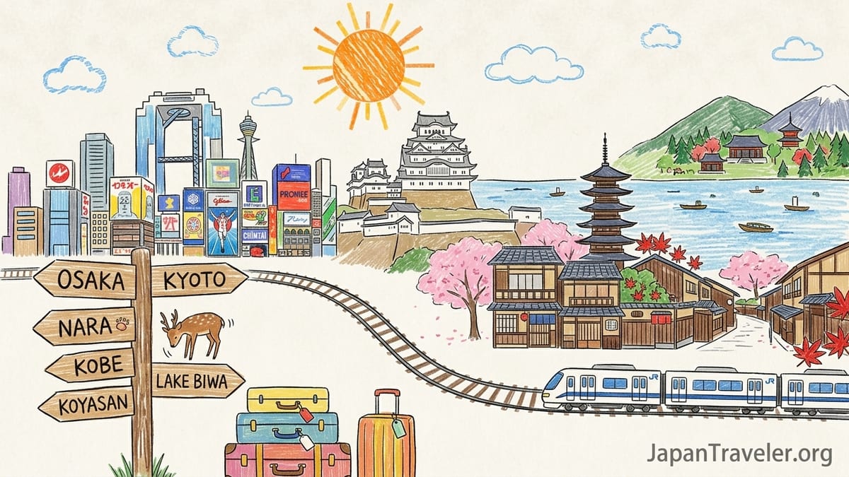 Panoramic dawn view over Kyoto rooftops with a pagoda and distant mountains under a soft pastel sky.