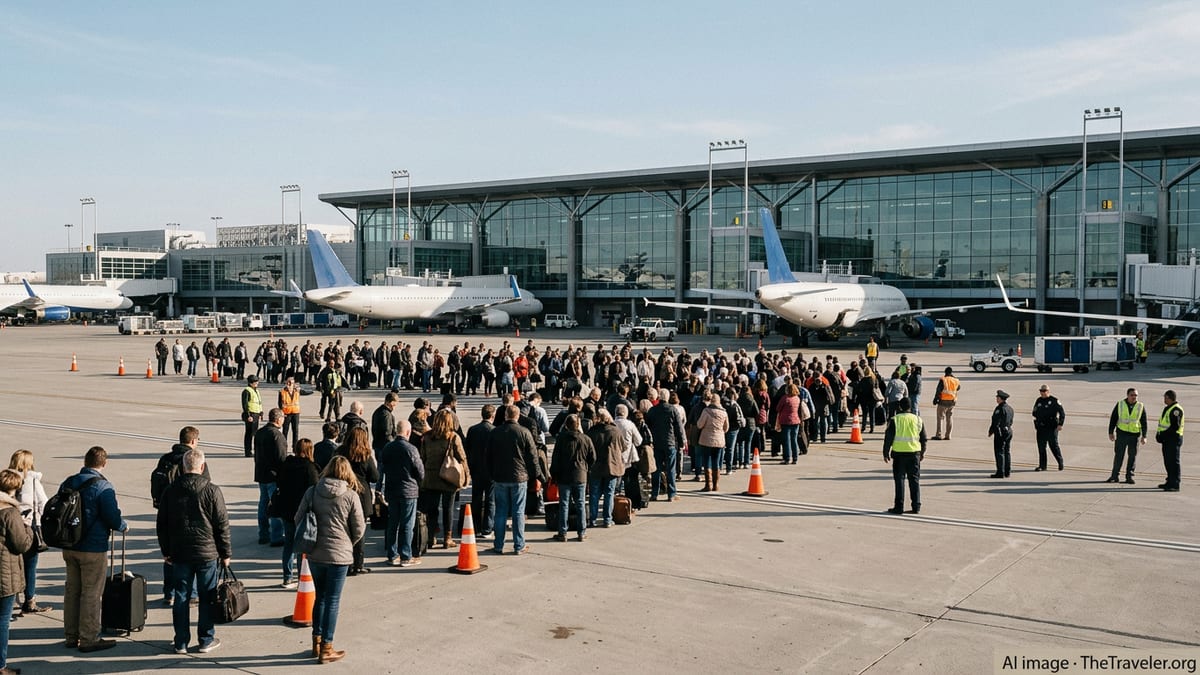 Evacuated passengers stand on the tarmac outside the terminal at Kansas City International Airport.
