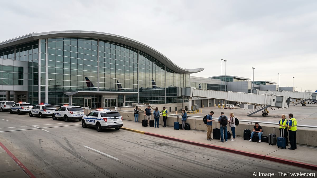Travelers and police vehicles outside Kansas City International Airport after an evacuation.
