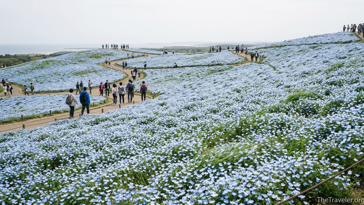 Nemophila-covered hill with visitors walking a path at Hitachi Seaside Park in spring.
