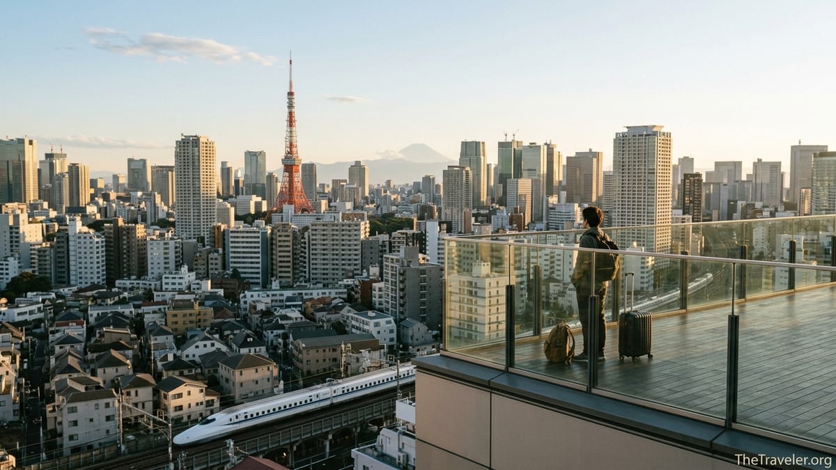 Traveler with suitcase on Tokyo observation deck overlooking city skyline at sunset