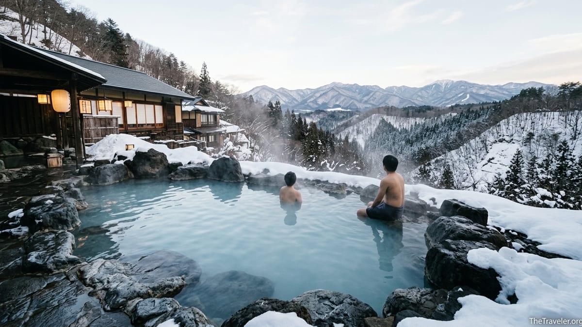Snowy mountain outdoor onsen near Tokyo with steaming rock pool and forest view.