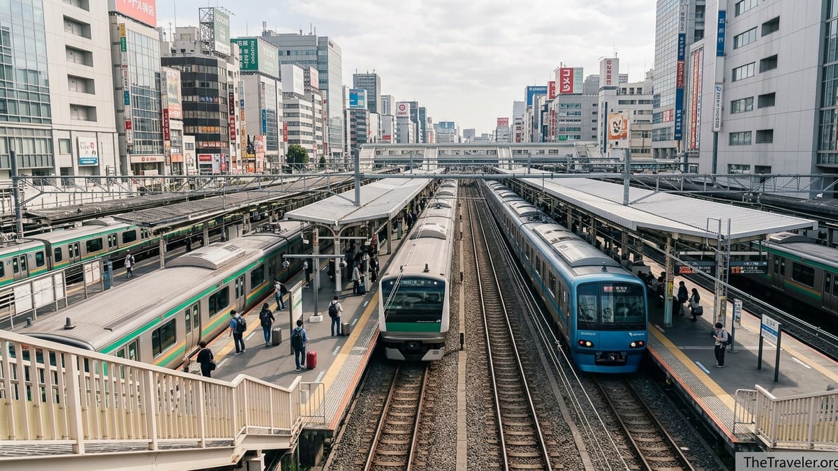 Trains at Shinjuku Station platforms with travelers and city skyline in Tokyo.