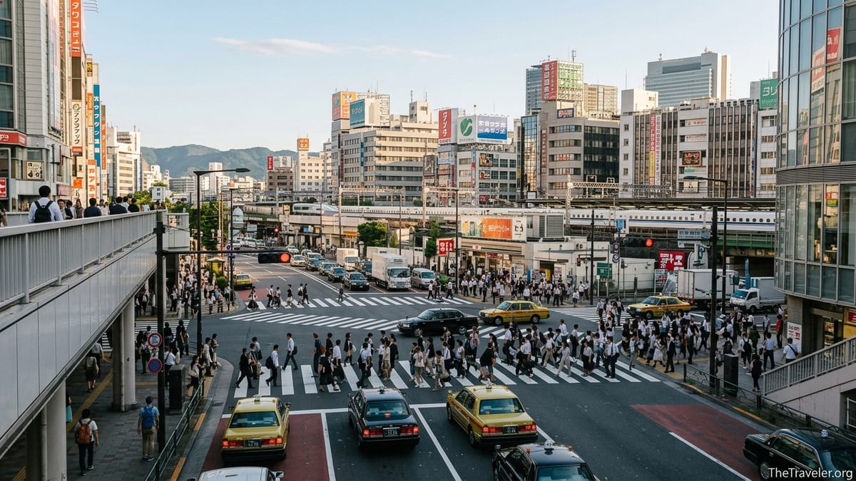 Wide urban view of central Tokyo intersection with crowds, trains and distant hills.