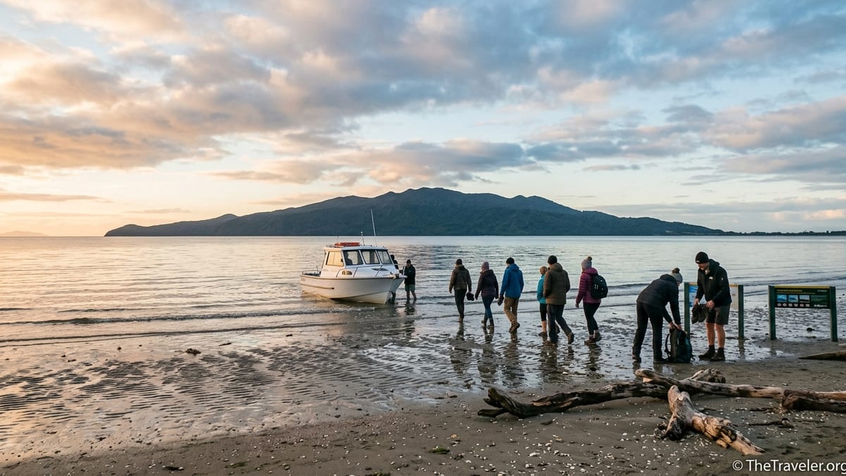 View of Kāpiti Island from Paraparaumu Beach with tour boat and walkers at sunrise.