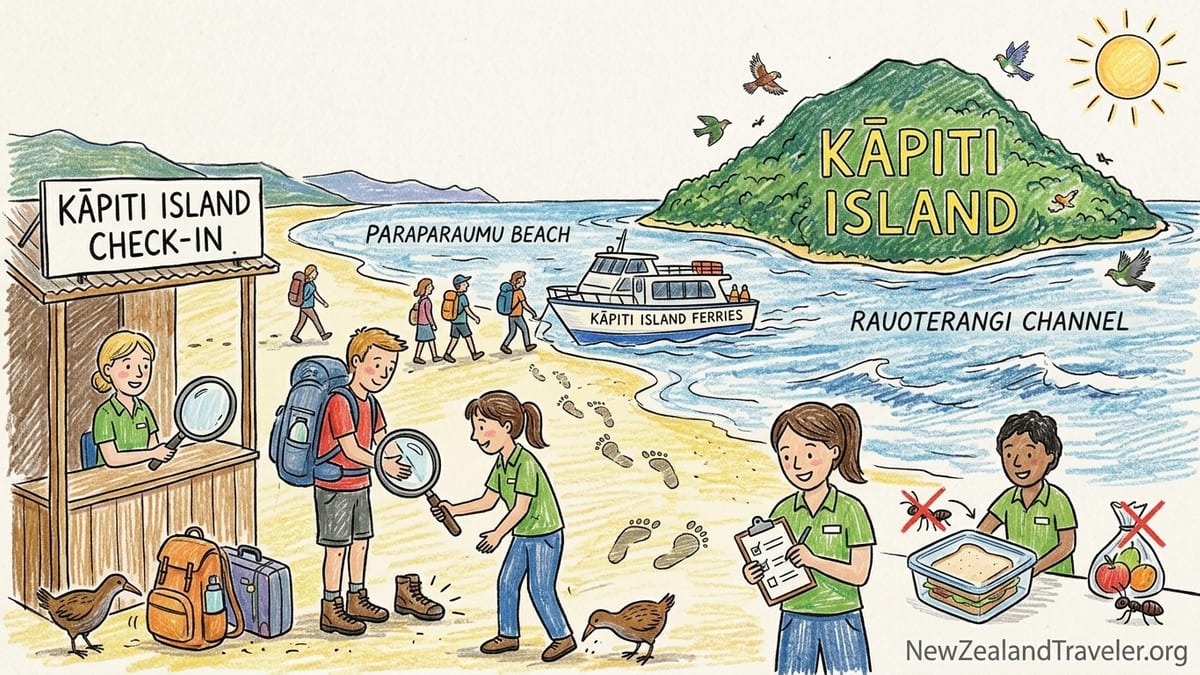 Passengers board the Kāpiti Island ferry at Paraparaumu Beach after a biosecurity check, with the island in the distance.