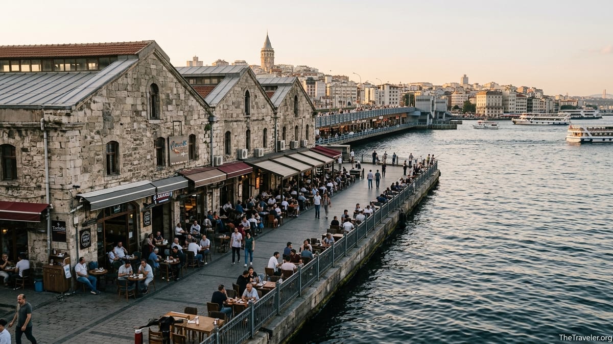 Waterfront cafes in Karaköy with Galata Bridge and Galata Tower at sunset.