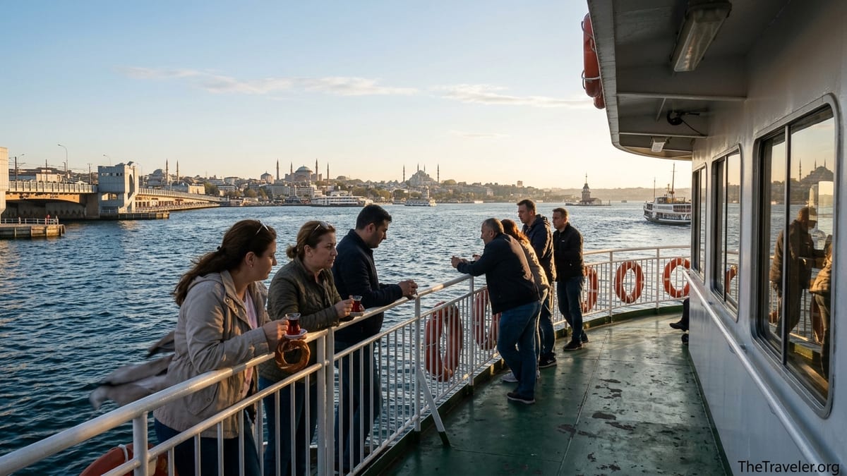 Passengers on a Karaköy ferry deck crossing the Bosphorus at sunset toward Istanbul’s historic skyline.