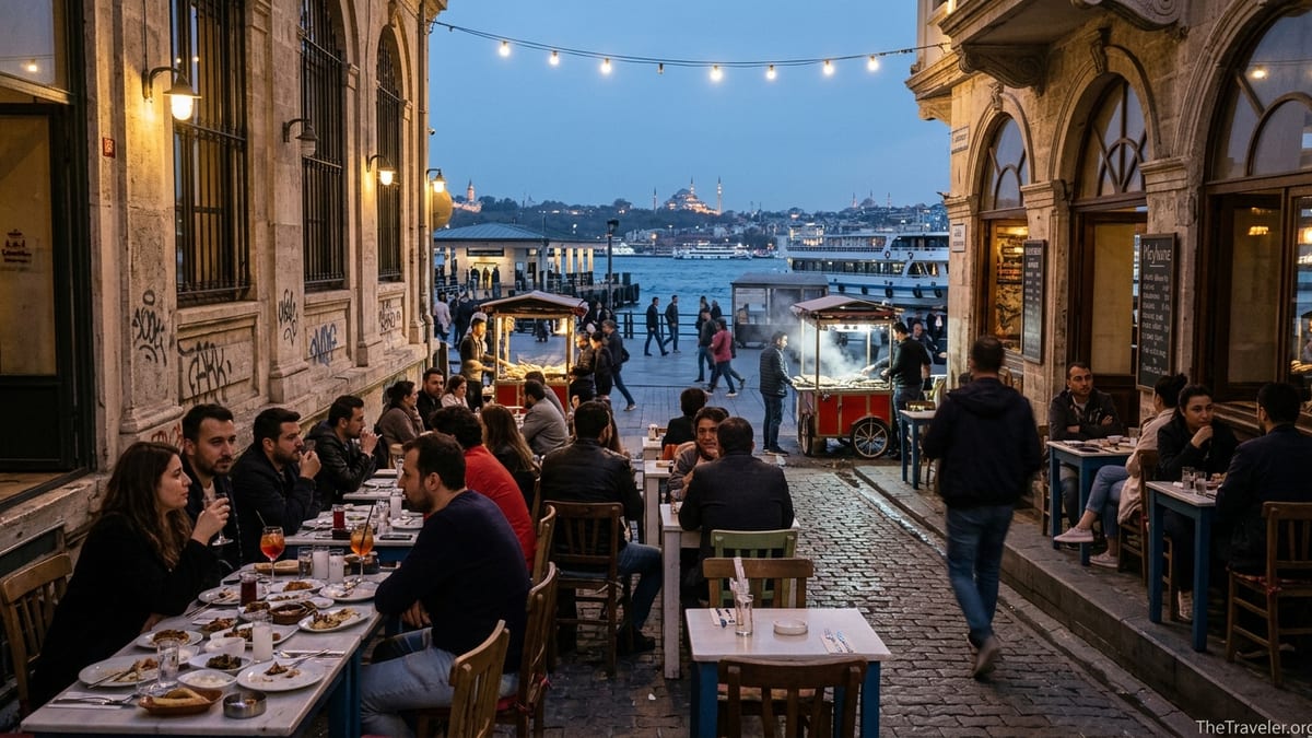 Evening street in Karaköy with outdoor meyhane tables and Bosphorus waterfront lights.
