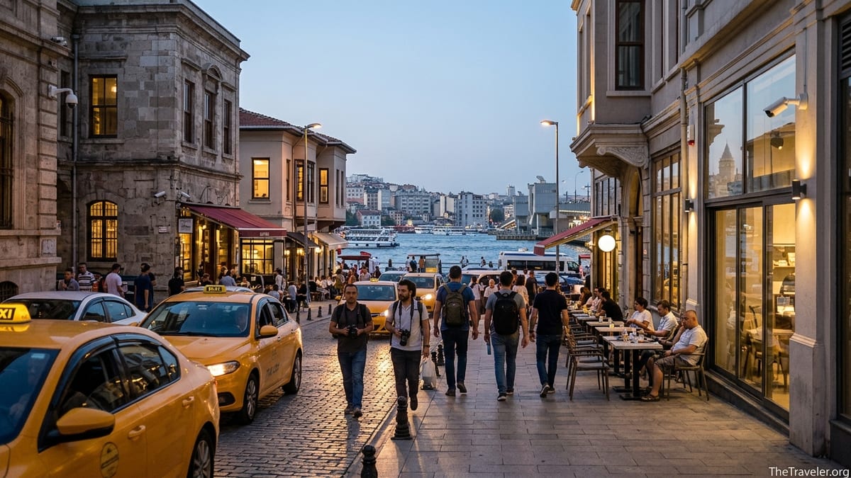 Early evening street in Karaköy with taxis, pedestrians and Bosphorus waterfront.