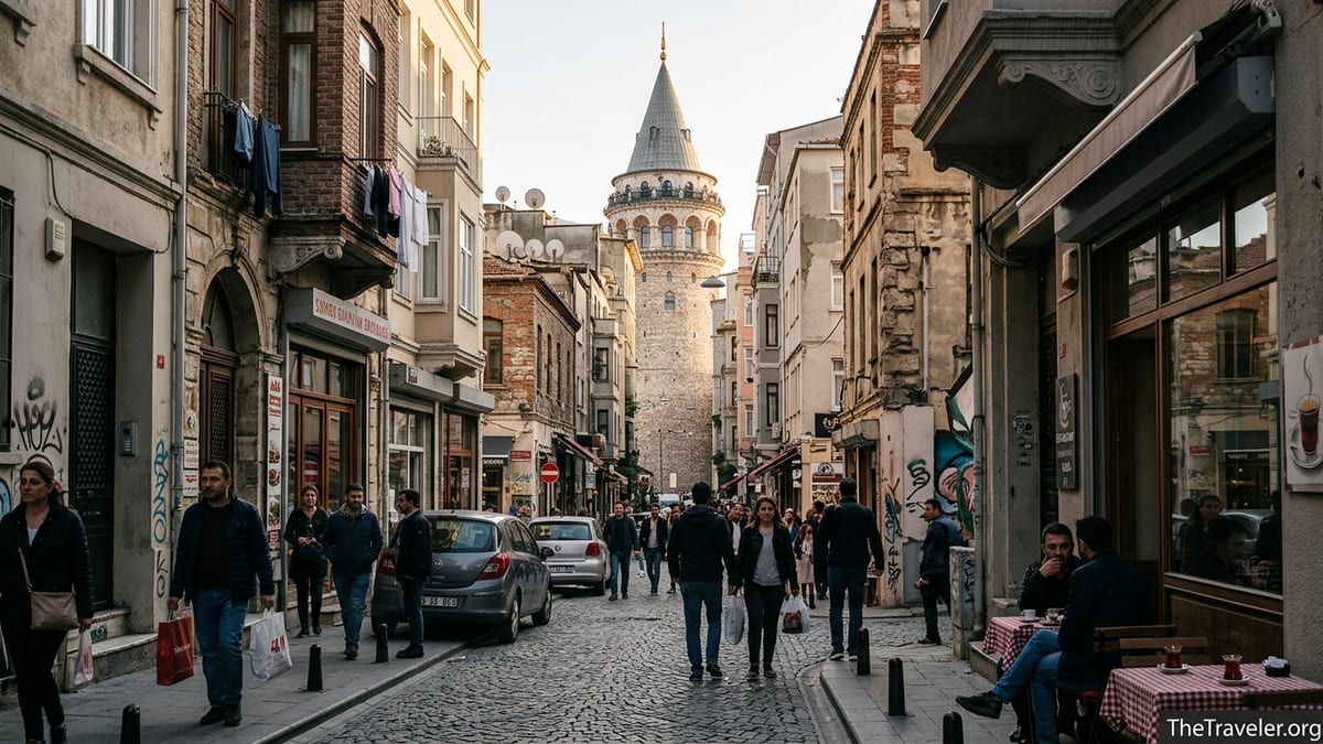 View from Karaköy uphill toward Galata Tower along a cobbled street with cafés and pedestrians at golden hour.