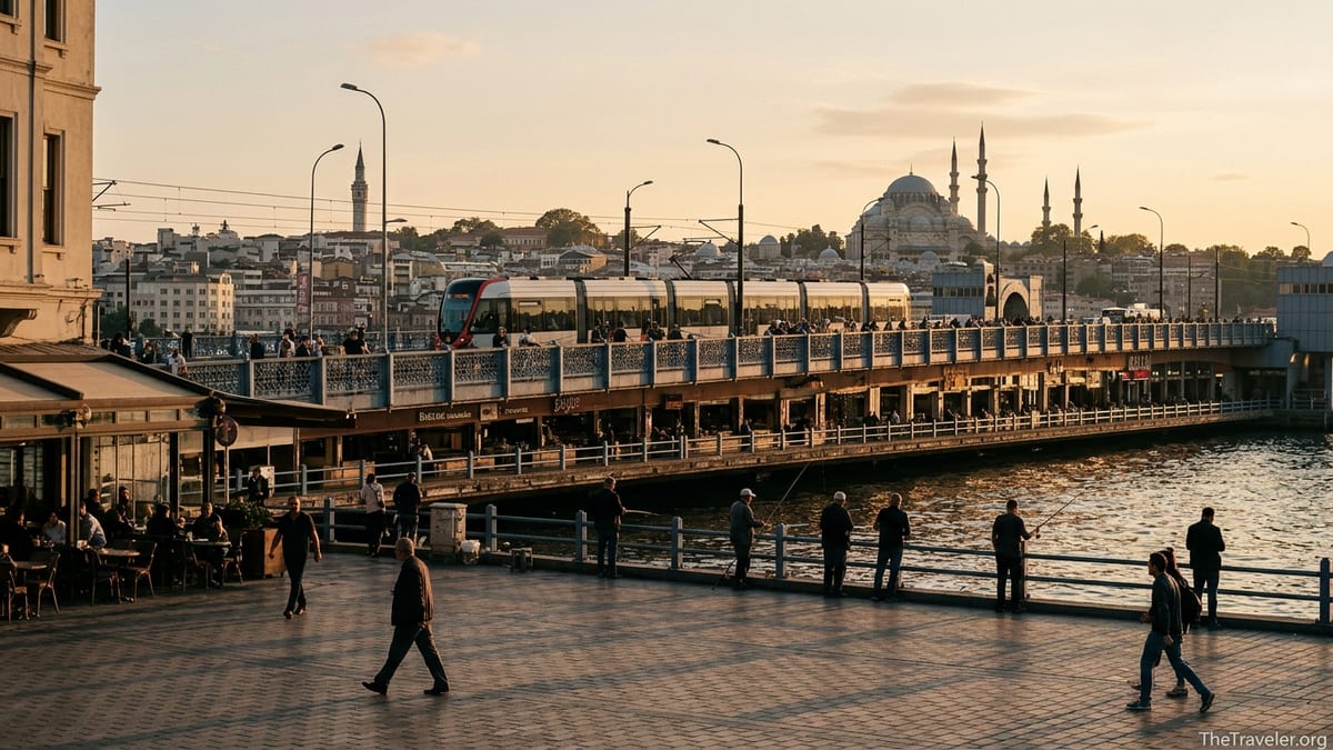 View from Karaköy of Galata Bridge with tram, fishermen and Sultanahmet skyline at sunset.