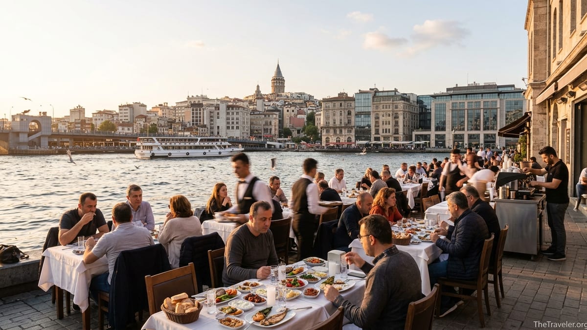 Outdoor restaurants and cafés along the Karaköy waterfront at sunset with diners overlooking the Bosphorus.