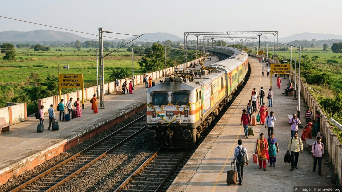Festival-special train arriving at a rural station in Karnataka with travellers waiting on the platform.