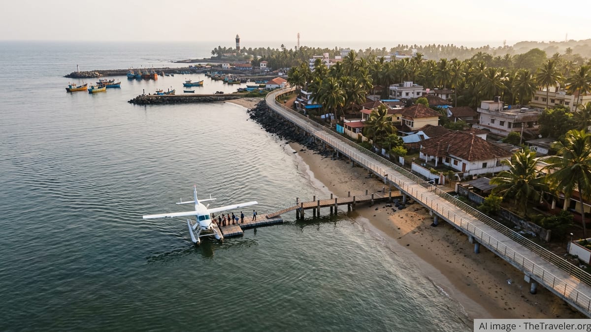 A seaplane approaches a Karnataka coastal jetty near a skywalk-lined beach at sunset.