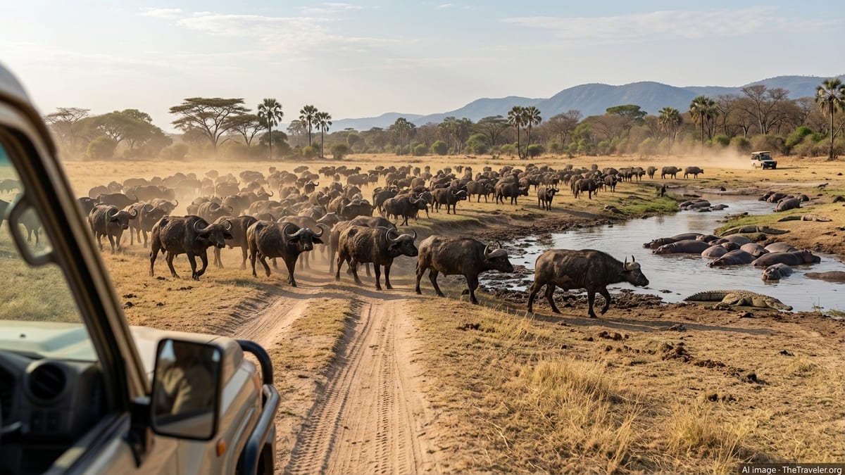 Panoramic view of Katavi National Park's floodplains with a herd of African buffalo.