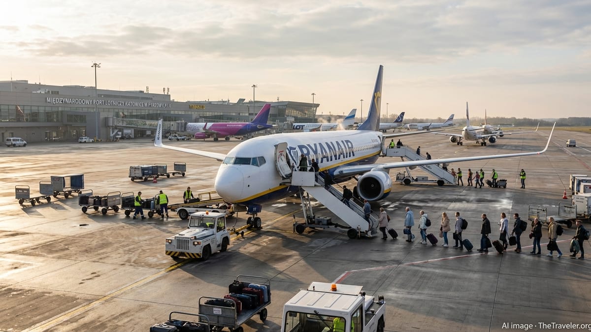 Ryanair jet on the apron at Katowice Airport with passengers boarding in soft morning light.