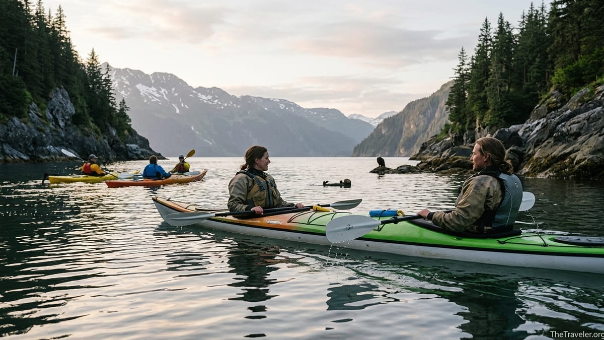 Small group kayaking through a calm Alaskan fjord at golden hour with forested slopes and distant mountains.