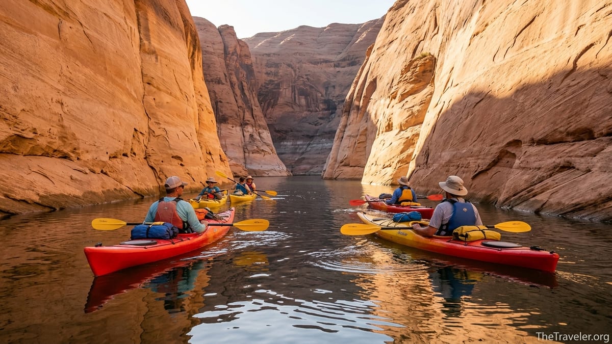 Kayakers paddling through a narrow sandstone canyon arm of Lake Powell at golden hour