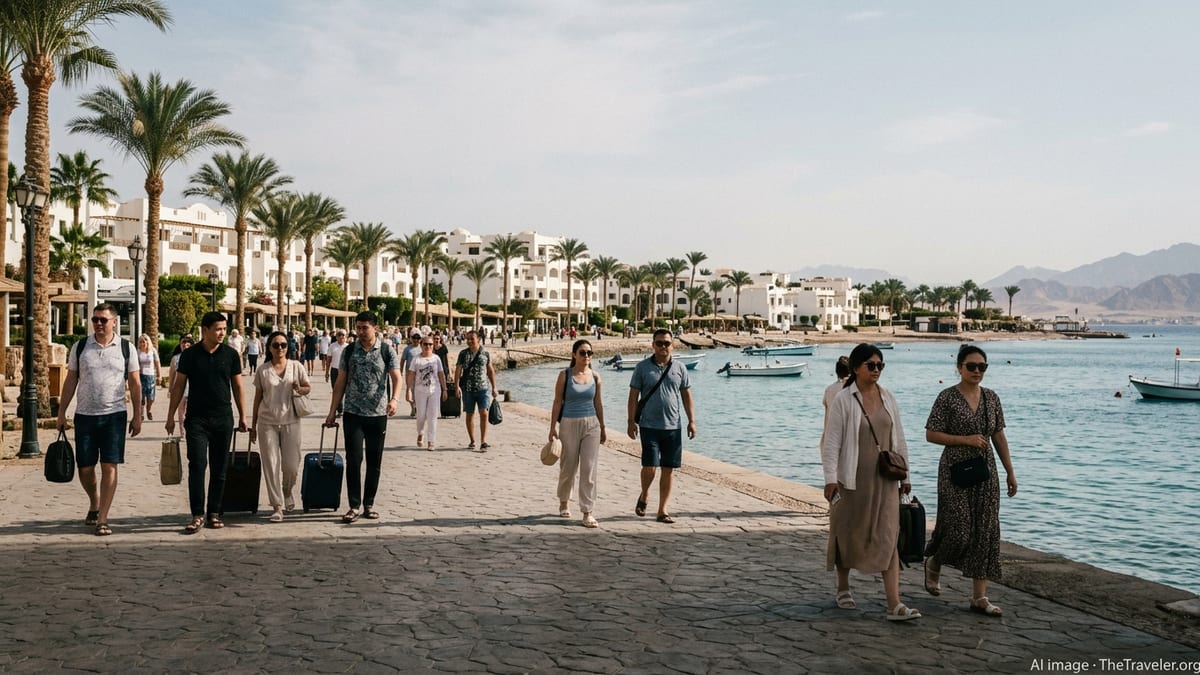 Kazakh and international tourists stroll along the Red Sea promenade in Sharm el Sheikh under clear skies.