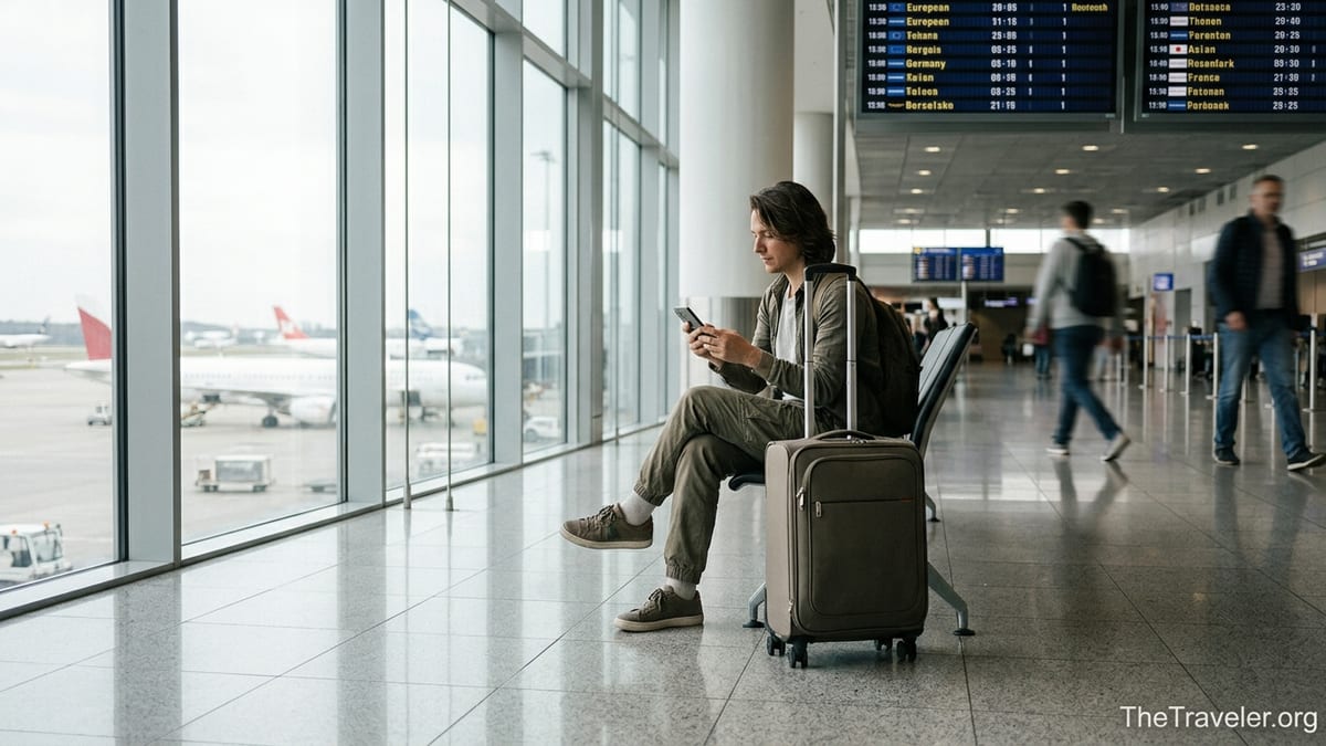 Traveler in an airport lounge checking a smartphone eSIM before an international flight.
