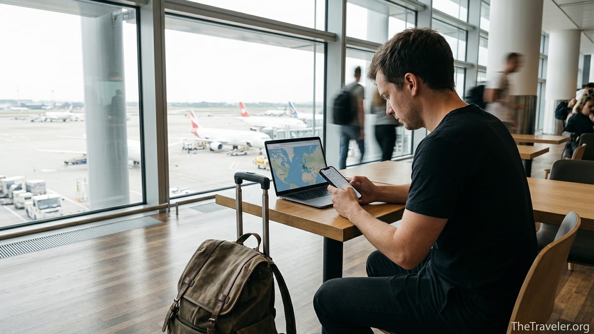 Traveler in an airport lounge checking mobile eSIM data on a smartphone.