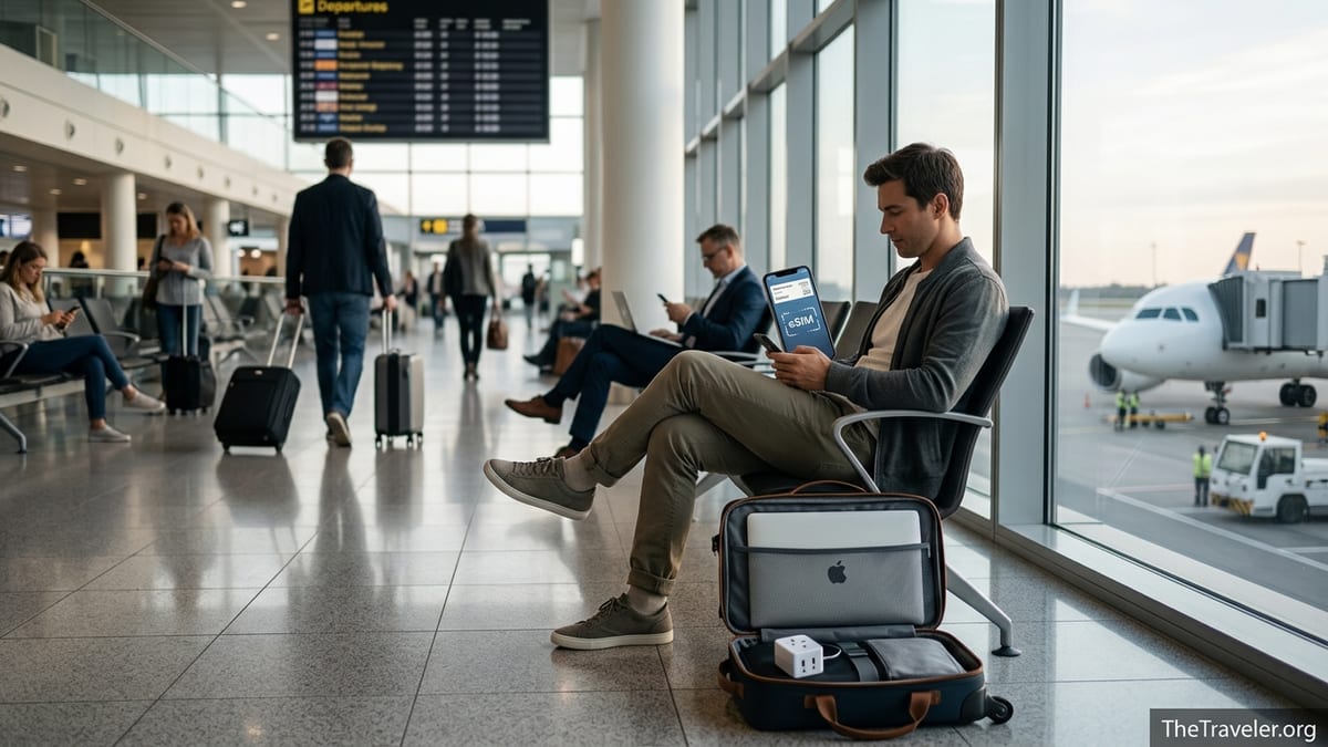 Traveler using a smartphone eSIM while waiting at an airport departure gate.